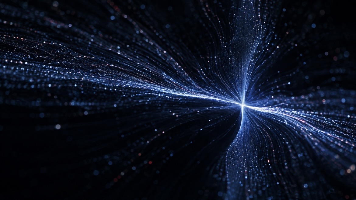 Flux de données convergeant vers un point lumineux