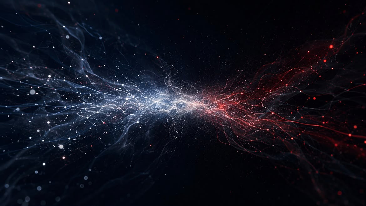 Collision de flux de particules blanches et rouges